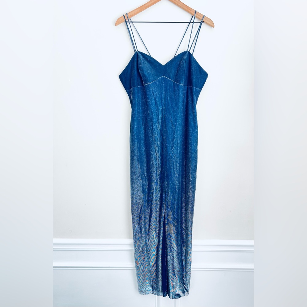 filigree Vintage Blue maxi shimmer metallic strappy dress  formal babydoll fairy